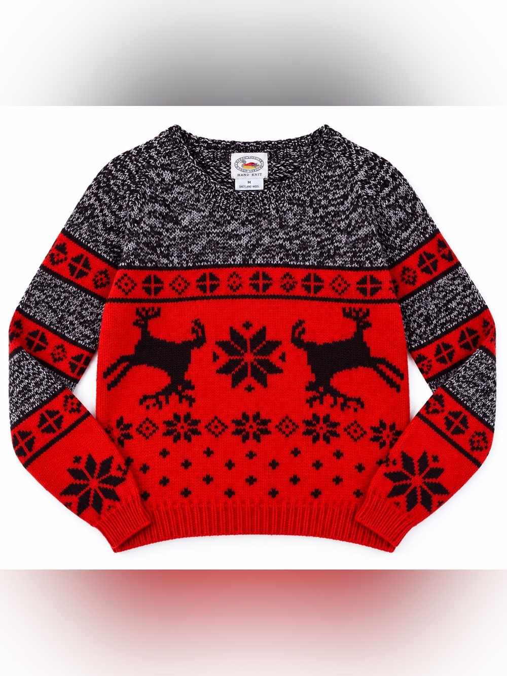 Vintage Hand Knit Shetland Wool Sweater M Red Black Reindeer Nordic Fair Isle